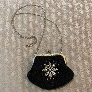 Black beaded cocktail purse with crystal details